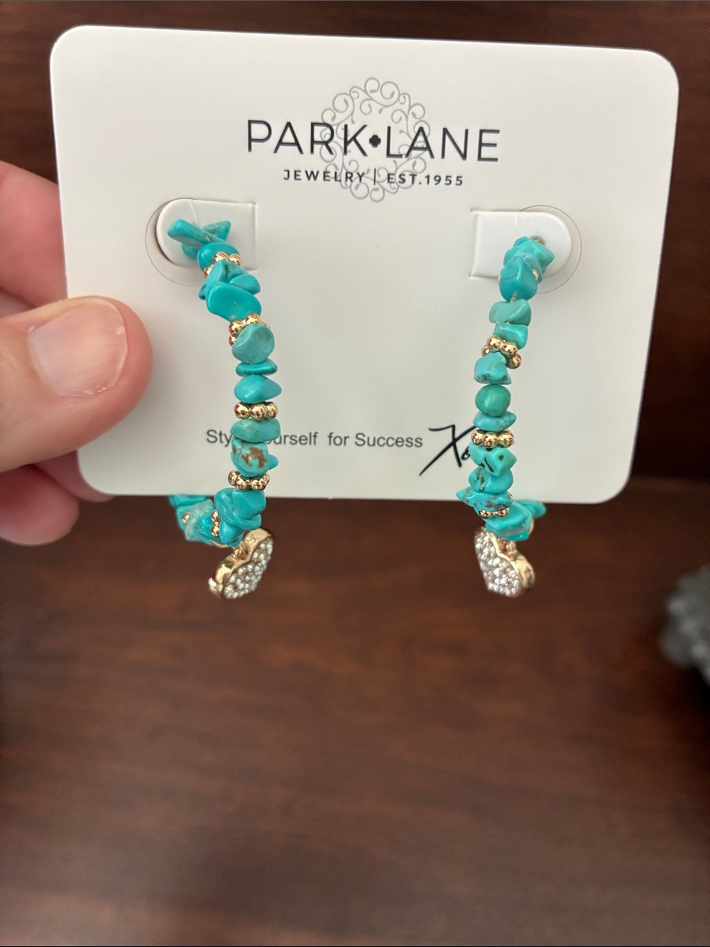 Park Lane Turquoise Chip Hoop Earrings with Gold Accents and Crystal Drops